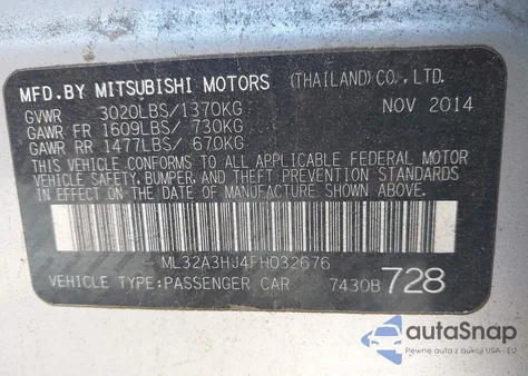 2015 Mitsubishi Mirage De/Rf z USA, uszkodzony, nr VIN ML32A3HJ4FH032676